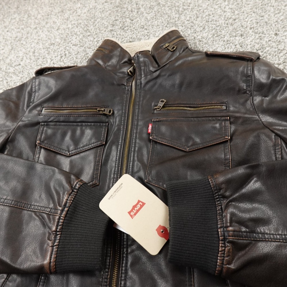 NEW Levis Jacket Mens M Brown Faux Leather Sherpa Lined Zip Trucker Bomber Coat